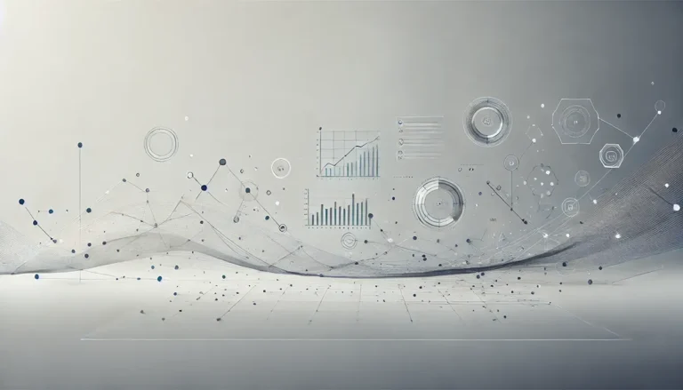 Imagem abstrata e minimalista representando o marketing digital, com gráficos digitais, conexões em rede e elementos tecnológicos sutis sobre um fundo moderno e futurista.