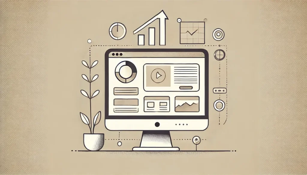 Imagem minimalista de um website profissional para negócios locais, com design clean e representação abstrata de um computador e ícones de crescimento.