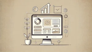 Imagem minimalista de um website profissional para negócios locais, com design clean e representação abstrata de um computador e ícones de crescimento.