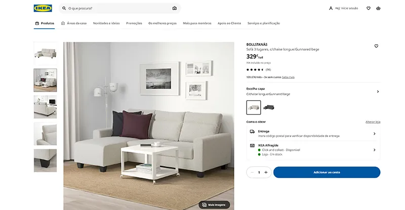 Imagem do website da IKEA mostrando produtos com fotos de alta qualidade e descrições detalhadas, ajudando os consumidores a entender o que estão comprando.