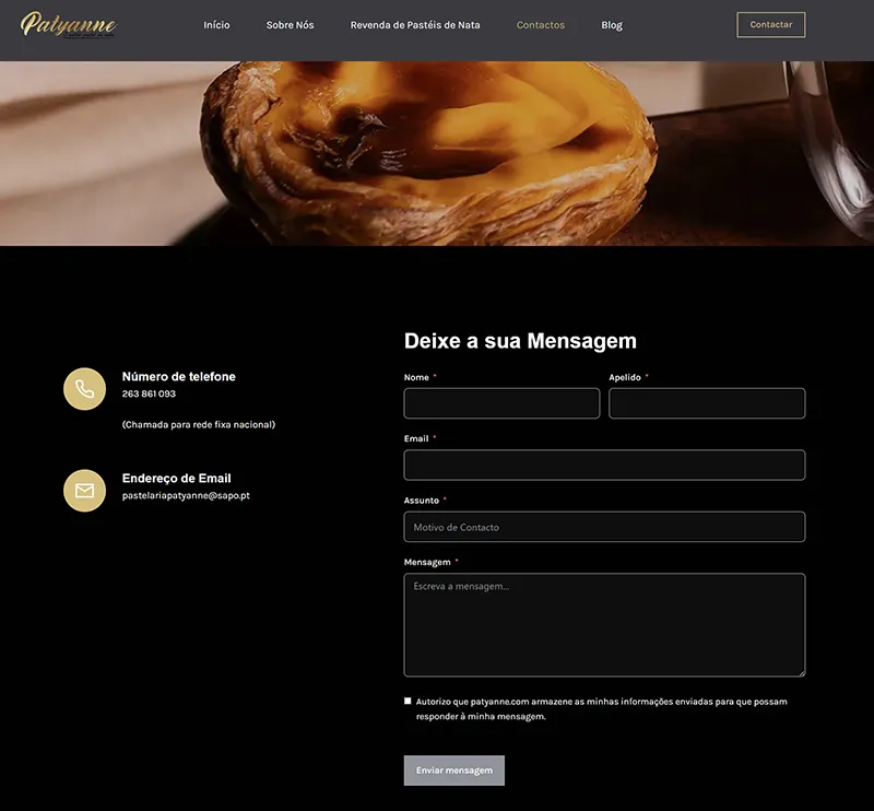 Exemplo de página de contacto com formulários simples e opções de contato, facilitando a conversão de visitantes em clientes.