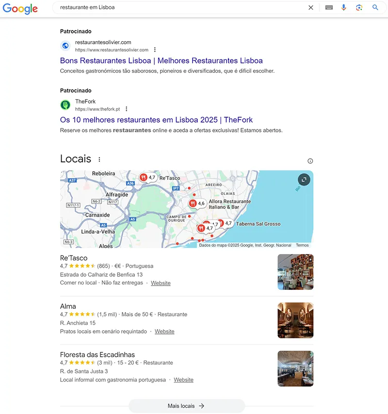 Exemplo de pesquisa no Google para 'restaurante em Lisboa', destacando a importância do SEO local para negócios na área.