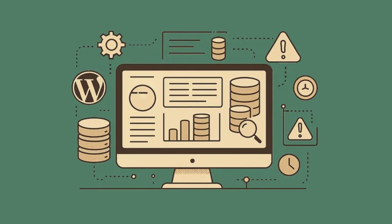 Ilustração digital estilizada de um monitor com elementos de análise e optimização, representando a manutenção técnica de um site WordPress.