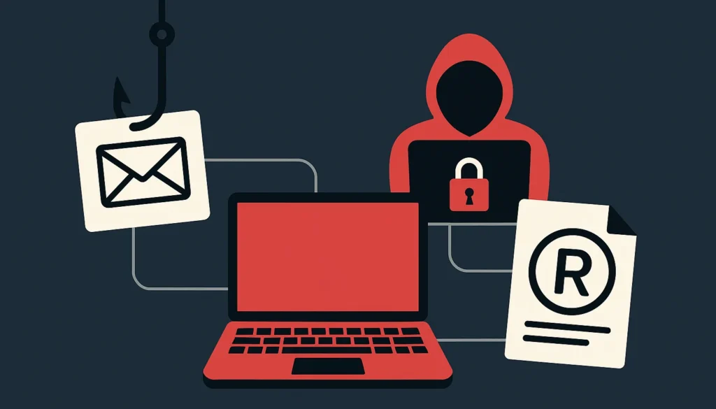 Ilustração estilizada de ameaças digitais, incluindo phishing, malware, ransomware e uso indevido de marca, com ícones como laptop com caveira, cadeado e símbolo de marca registada.
