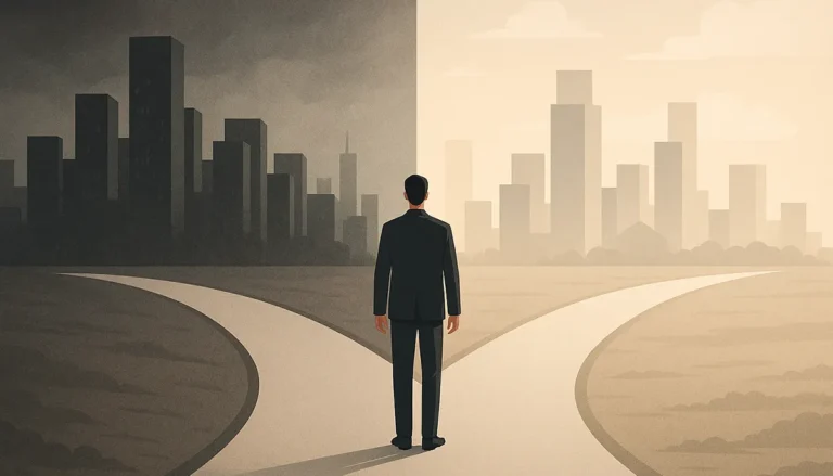 Homem diante de um caminho dividido entre duas cidades, uma escura e caótica, outra clara e harmoniosa.