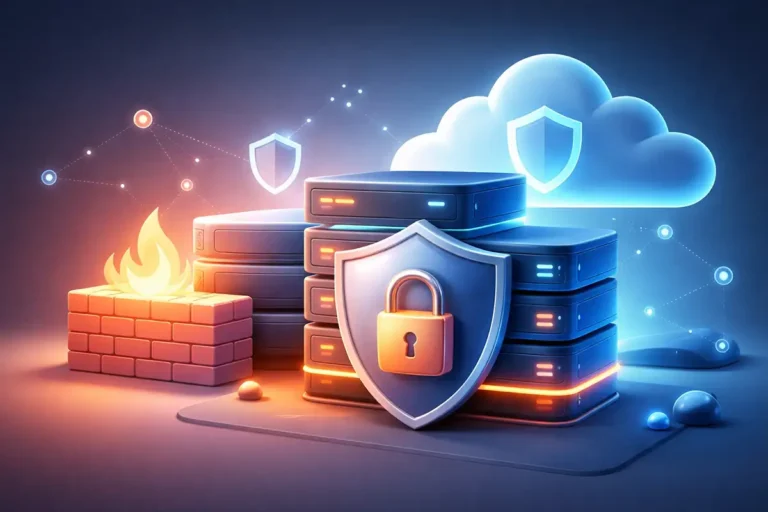 Infraestrutura de servidores com firewall, nuvem e escudo digital, representando segurança de websites e proteção de dados online.