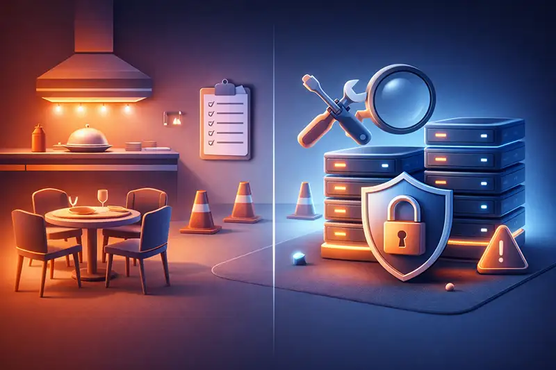 Ilustração que compara manutenção de restaurante com segurança digital, reforçando como tornar um site seguro como processo contínuo